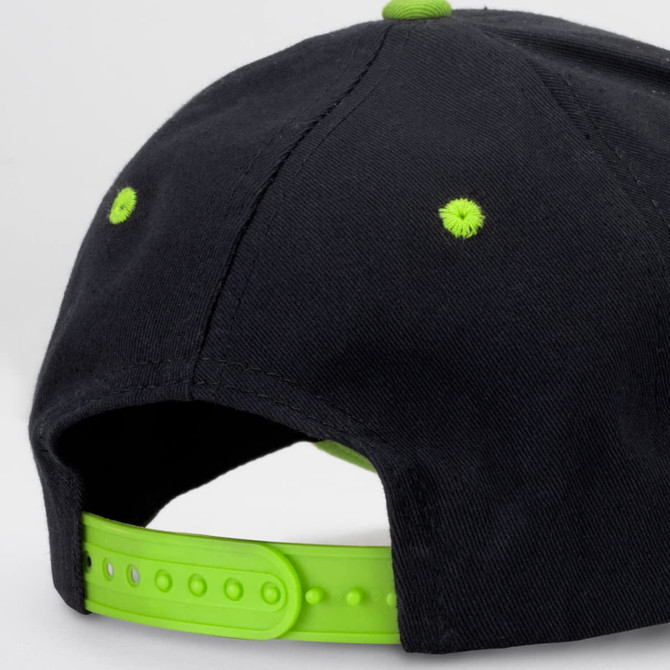 A black cap featuring a bright green snapback closure and matching embroidered details.