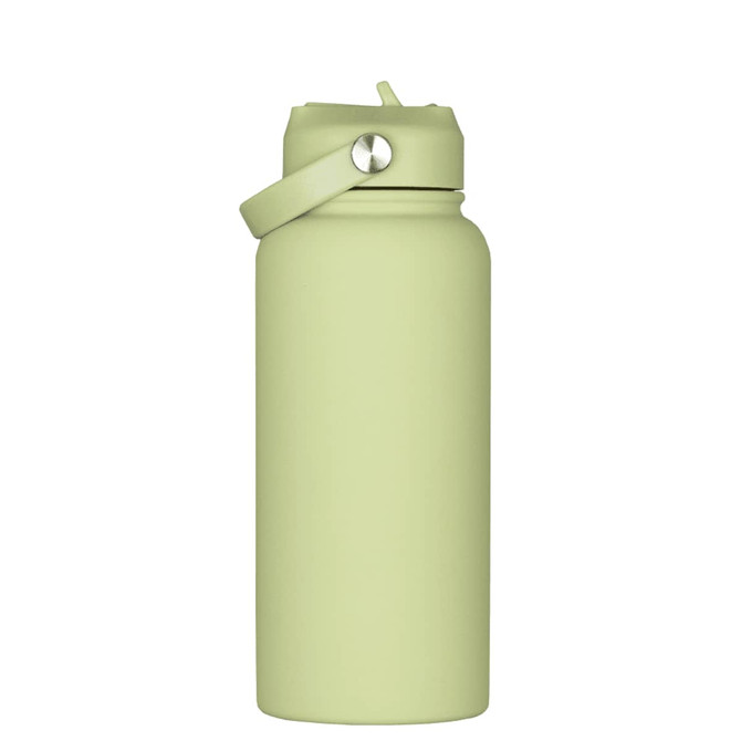 A drink bottle in a soft green colour with a rubber coating and a metal lid and strap. It features a logo.