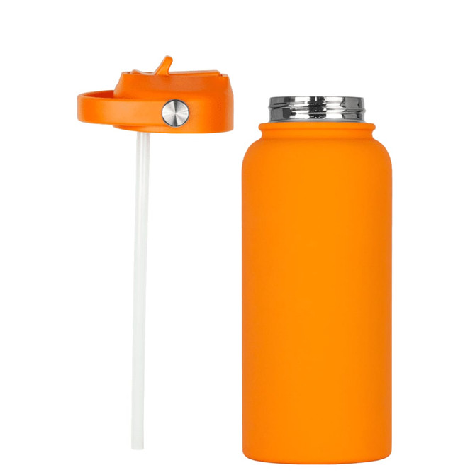 A drink bottle in vibrant orange with a rubber coating and a silver lid, featuring a removable straw.