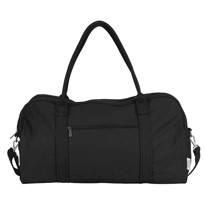 A black recycled canvas duffel bag with dual handles, a shoulder strap, and a front pocket. Features branding.