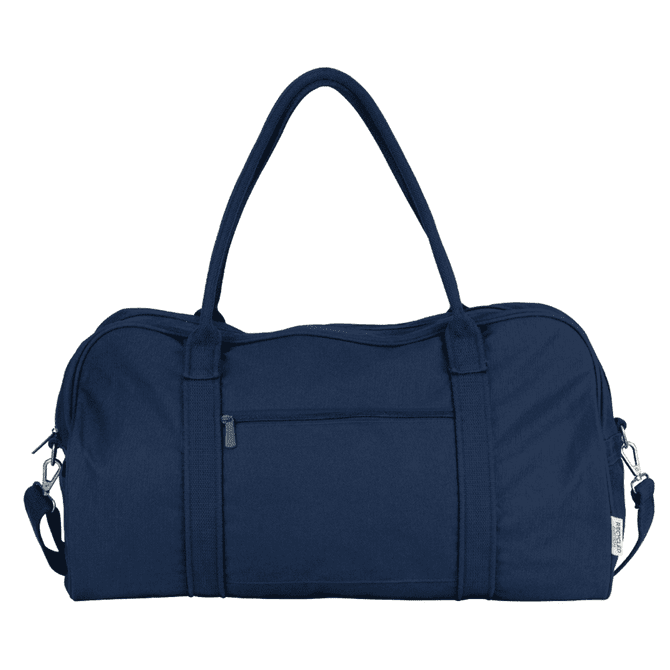 A navy blue duffel bag with dual handles, adjustable shoulder strap, and a front zipper pocket. It features a logo.