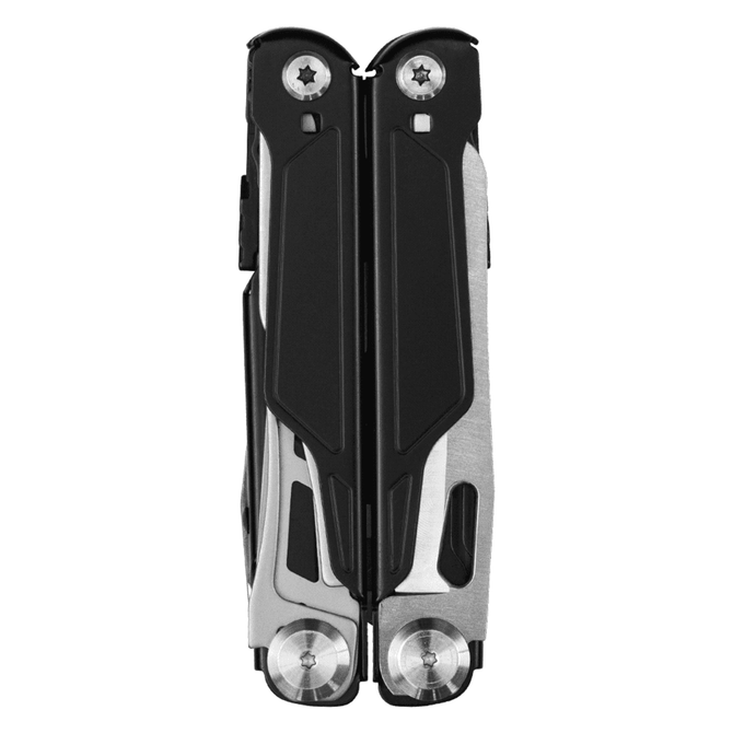 A multi-tool featuring a stainless steel body with black accents, showcasing its compact and streamlined design.