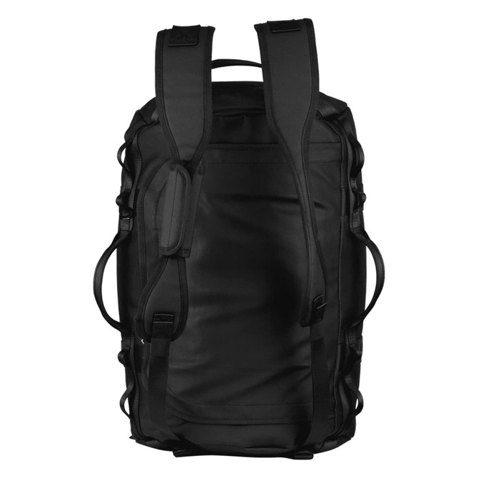 A black duffel bag with adjustable straps and a logo on the front, designed for durability and storage.