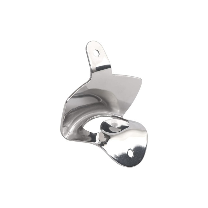A drink bottle opener in shiny silver metal, featuring a wall mount design and two mounting holes.