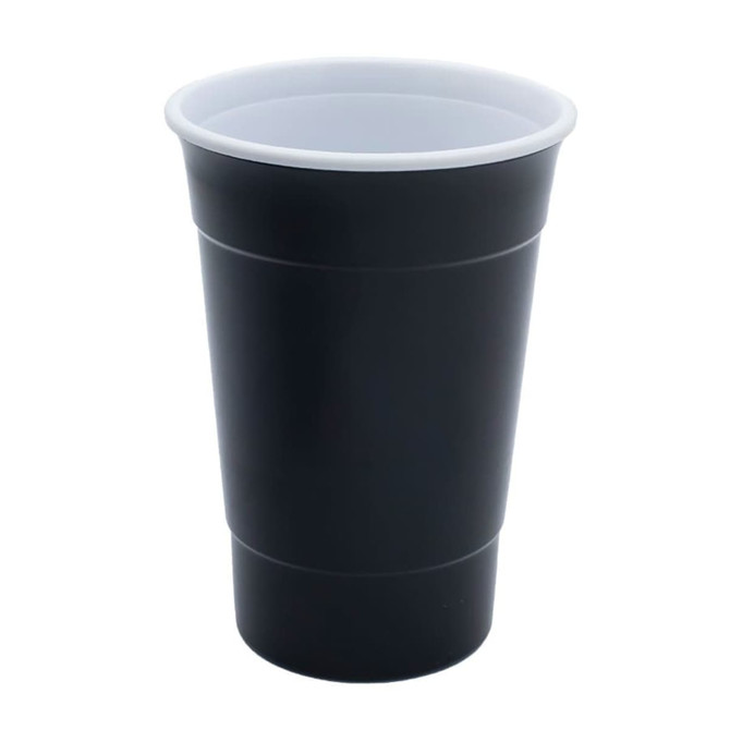 A drink cup featuring a black exterior and white interior, designed with a double wall for insulation.