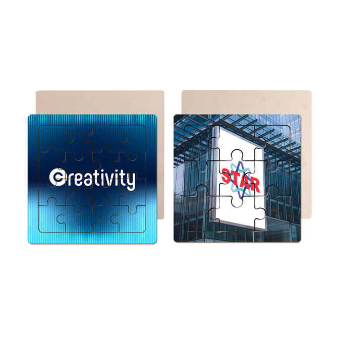 Wooden jigsaw puzzles featuring a blue gradient design and a puzzle piece with a building image, both with backing.