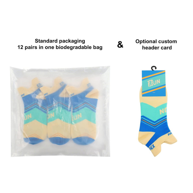 A pack of "No Show Running Socks" in blue and cream, displayed in biodegradable packaging with a custom header card option.