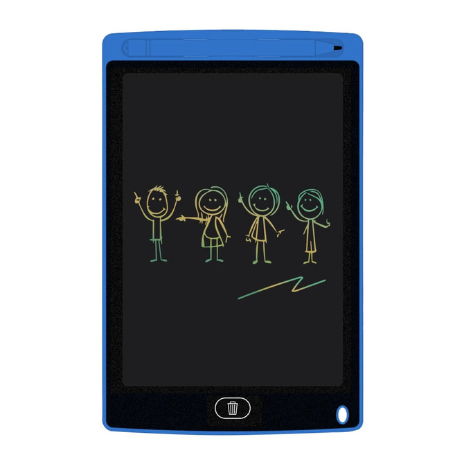 An LCD writing drawing tablet in blue featuring colourful doodles of stick figures on a black screen.