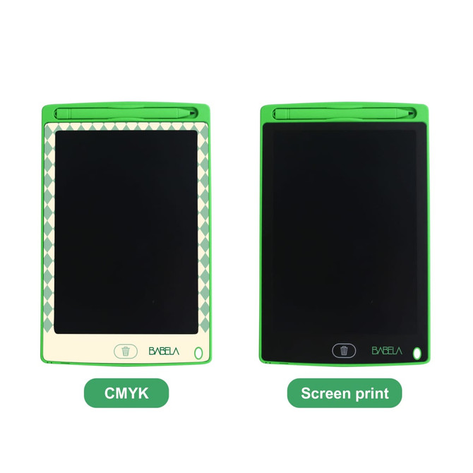 Two green LCD writing tablets with black screens, featuring a decorative border on the left and a simple design on the right.