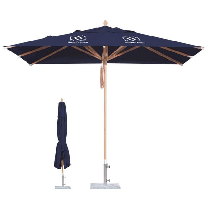 A navy blue outdoor umbrella with a wooden pole and a concrete base, featuring a logo.