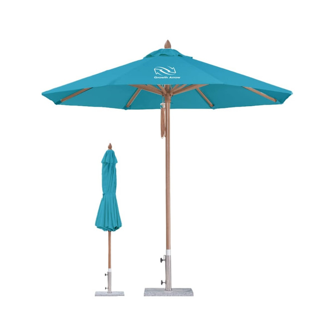 A wind-resistant octagon outdoor umbrella in teal with a wooden frame and a base, featuring a storage cover.