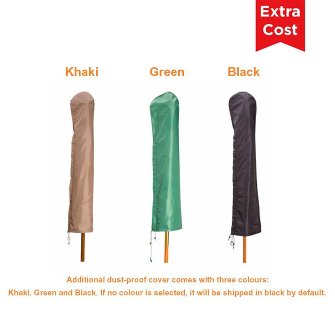 Three outdoor umbrella dust-proof covers in khaki, green, and black, each with a logo on the side.