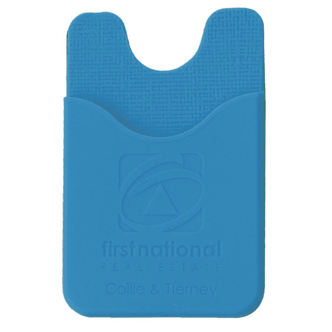 A blue phone wallet featuring a textured design and a logo, designed to hold cards or cash.