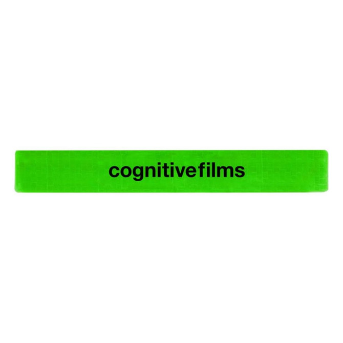 A green reflective slap wristband featuring a logo. Suitable for exhibitions and events.