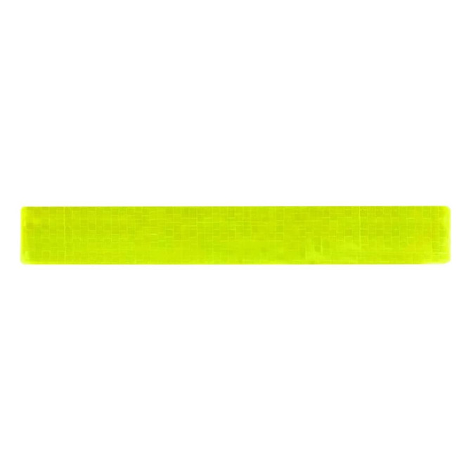 A reflective slap wristband in bright yellow featuring a textured surface and a logo.