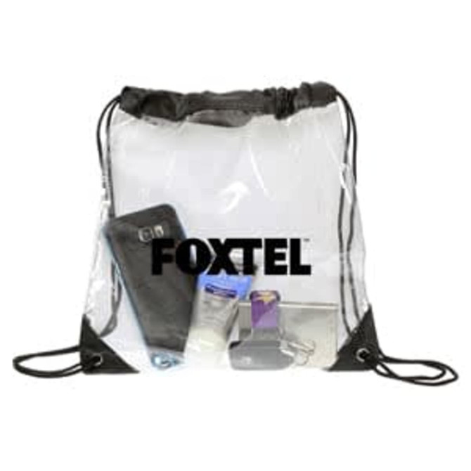 A transparent drawstring bag in black, featuring various items inside and a prominent logo.
