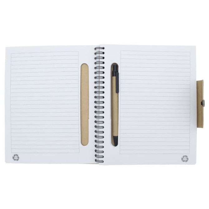 A white spiral notebook with lined pages, featuring a pen and a natural-coloured cover. It has a logo on the corner.