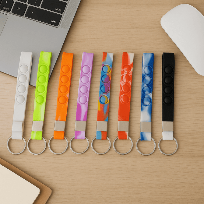 A collection of colourful Popper Stress Reliever Key Chains in neon green, orange, purple, blue, and black. Each has a keyring attachment.