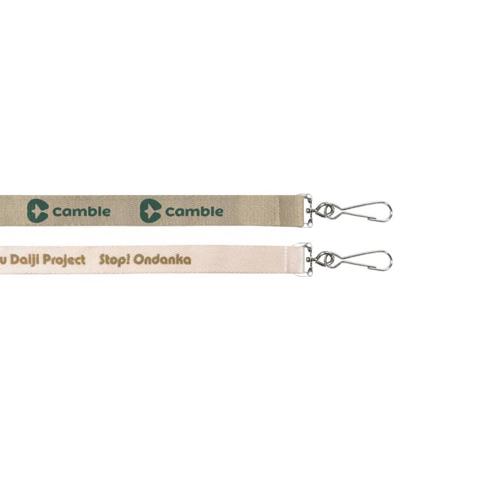 A cotton lanyard in beige with a logo, featuring a clip for attachment.