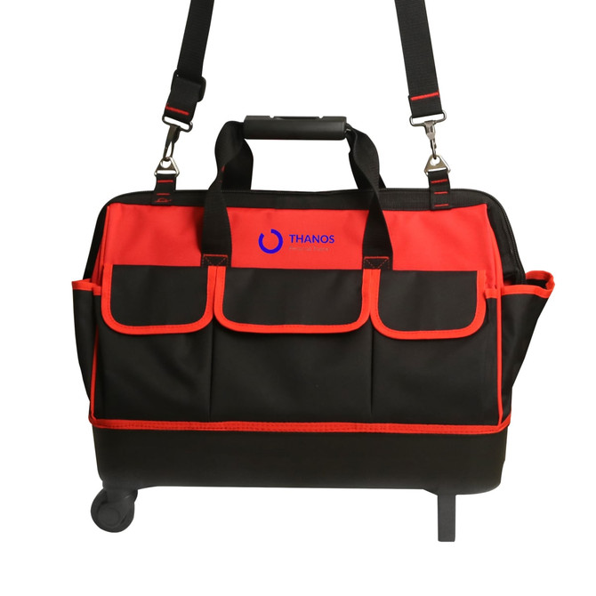 A wheeled tool bag in black and red with multiple external pockets and a logo on the front.