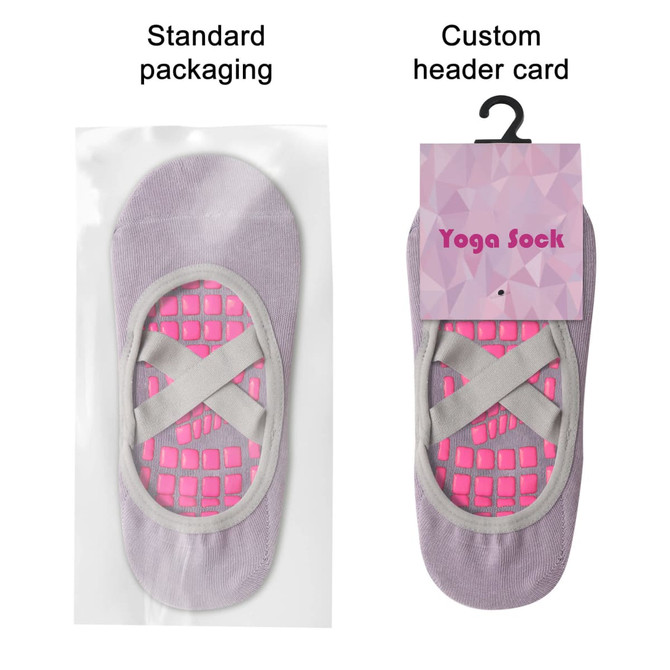 A pair of purple yoga socks with pink non-slip grips, displayed in standard packaging and with a custom header card.