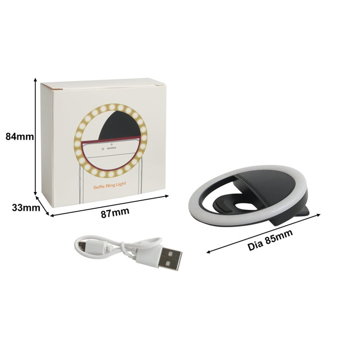 A ring selfie light in black and white, accompanied by a USB charging cable and a box featuring a logo.