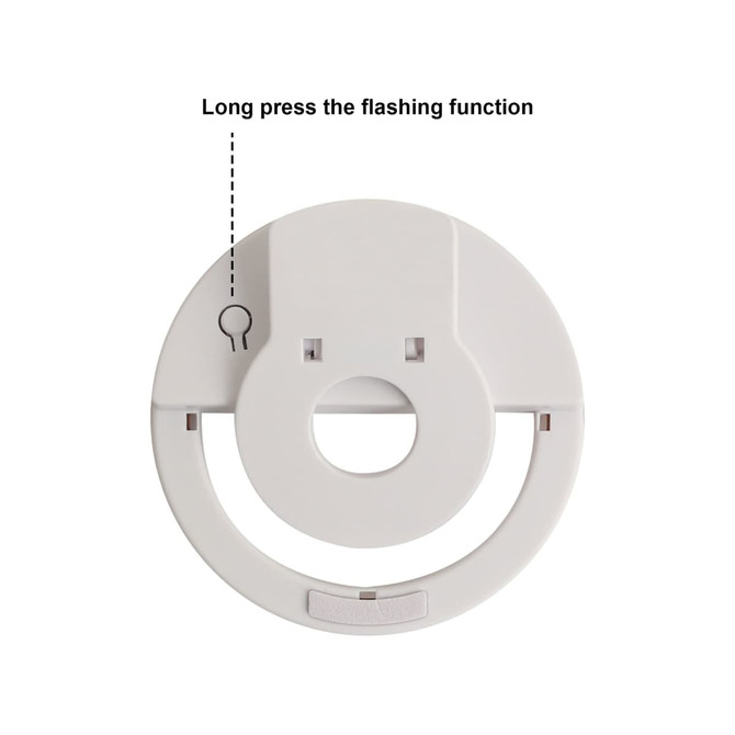 A white ring selfie light with a circular design and a small keyhole. It features a flashing function.