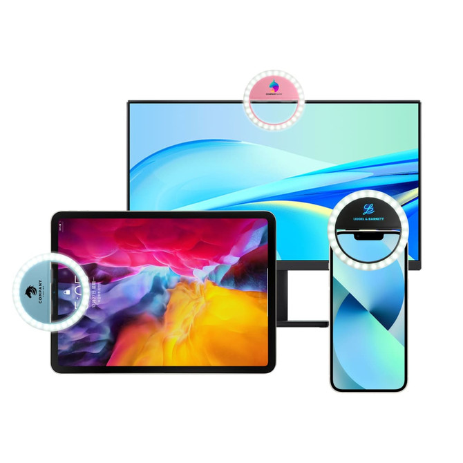 A promotional image featuring a ring selfie light with varying devices including a tablet and a monitor, all surrounded by soft lighting.