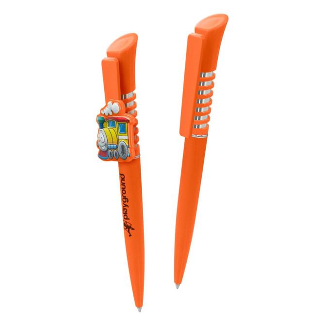 An orange plastic pen featuring a train design and a grooved grip.