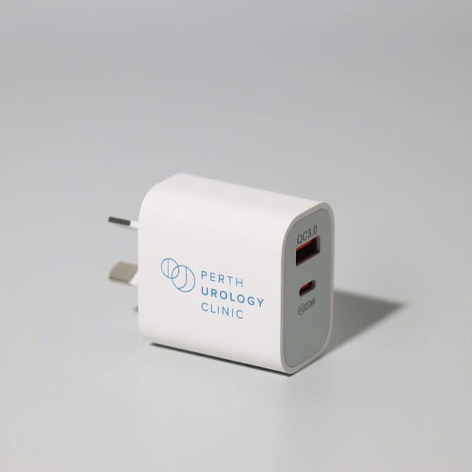A white fast charge adapter with a USB-C port and a logo on the side, featuring Australian plug prongs.