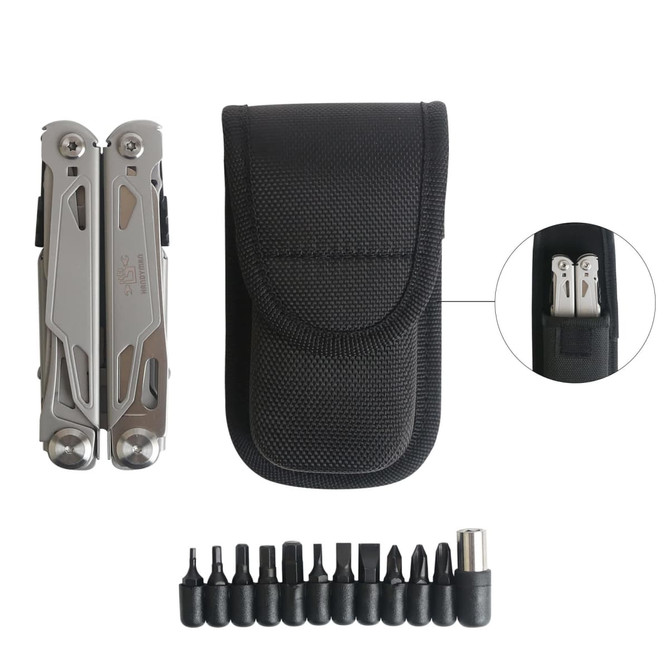 A silver multi-tool with a black carrying case and various screwdriver bits arranged beneath it.