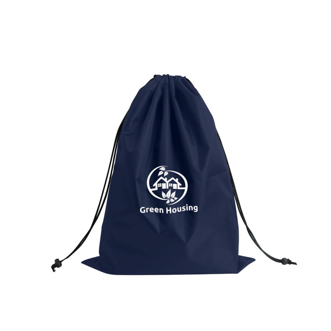 A navy drawstring laundry bag with a logo on the front and a wide base for stability.