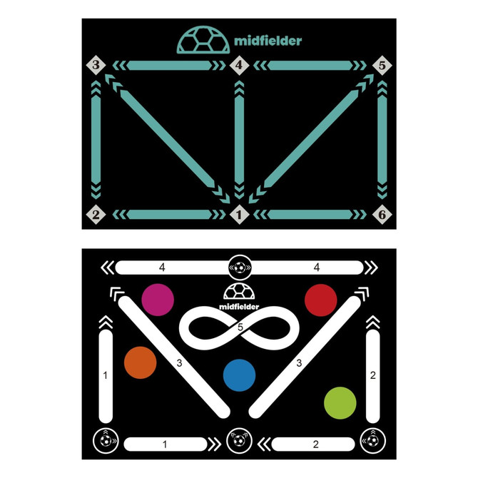 A football training mat featuring various coloured markers and directional arrows on a black background, with a logo.