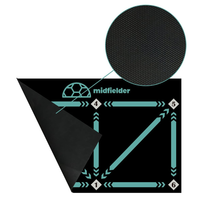 A football training mat with a textured surface, featuring various directional markings in teal and a logo.