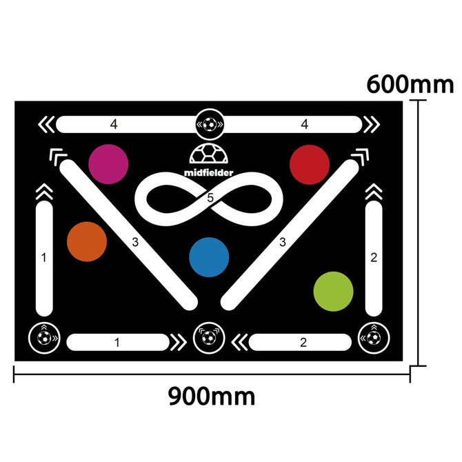 A football training mat in black featuring colourful markings and geometric designs, measuring 900mm x 600mm.