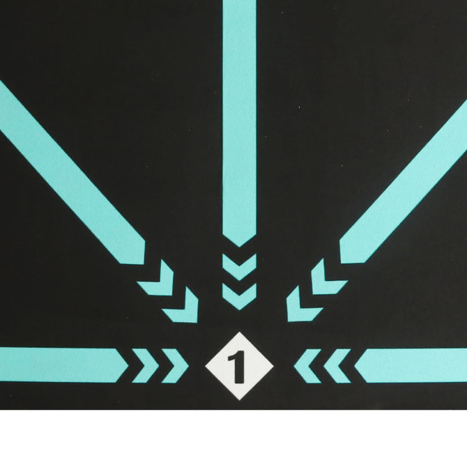 A black football training mat featuring turquoise lines and arrows, with a prominent white diamond shape marked '1'.