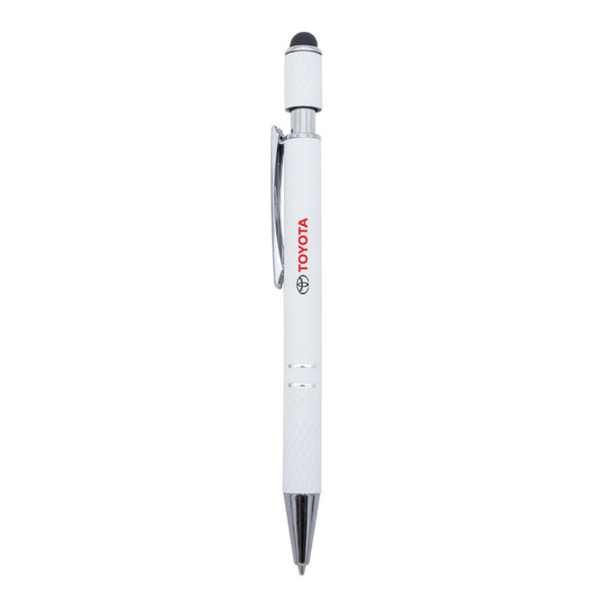 A metal pen in white with a textured grip, featuring a stylus tip and a logo.