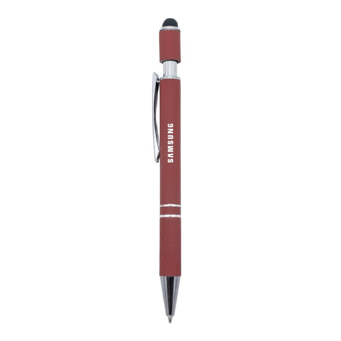 A metal pen in a deep red colour with a silver clip and an accompanying stylus tip, featuring a logo.