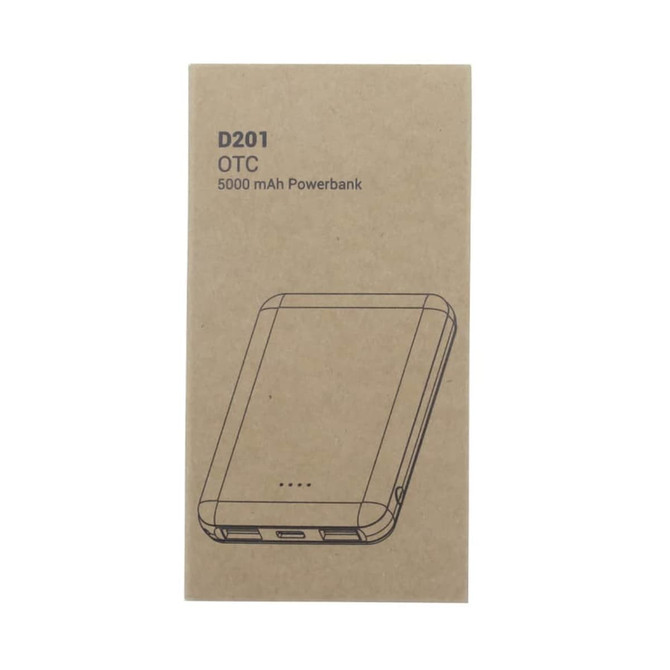 A 5000mAh power bank in a plain cardboard box, featuring a design outline and a logo.