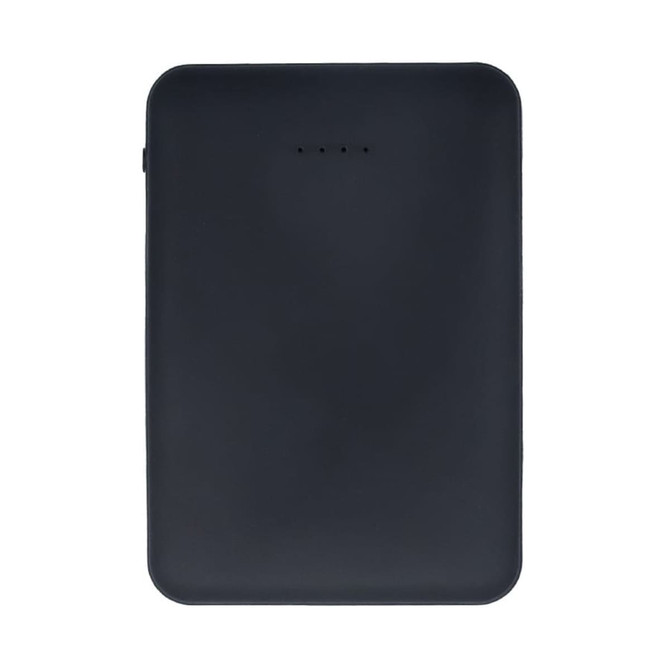 A black power bank with a sleek design, featuring a logo and indicator lights.