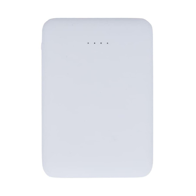 A white power bank with a smooth surface and four indicator lights on the top.