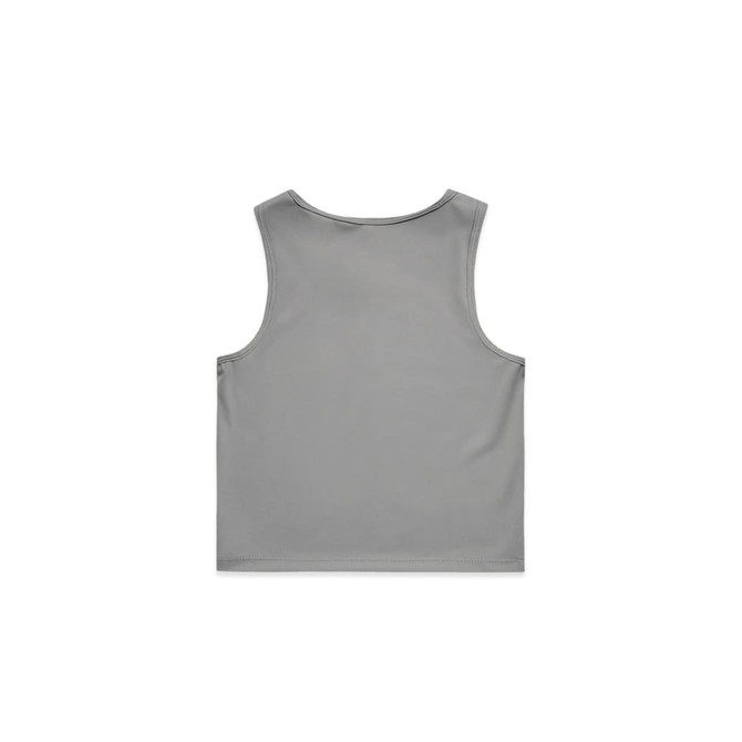 A light grey sleeveless crop tank top featuring a simple design and a logo on the back.
