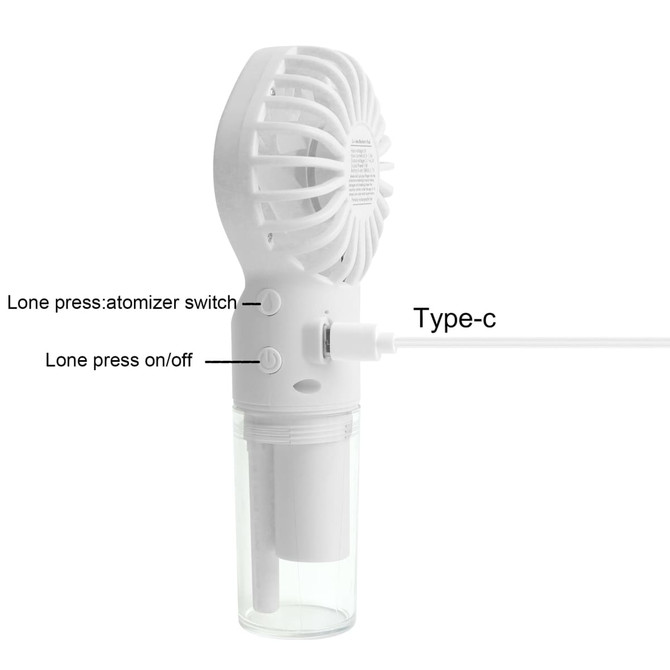A handheld spray fan in white with a clear water reservoir, featuring an atomiser switch and a Type-C charging port.