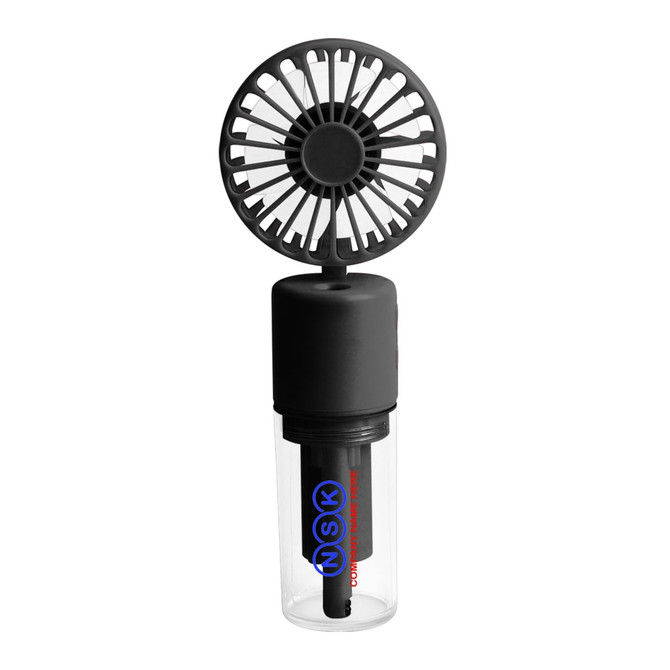 A black neck spray fan with a clear bottle underneath, featuring a logo on the side.