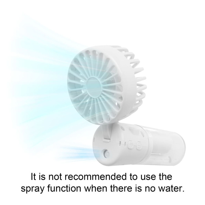A white neck spray fan with a detachable water container, featuring a logo on the body.