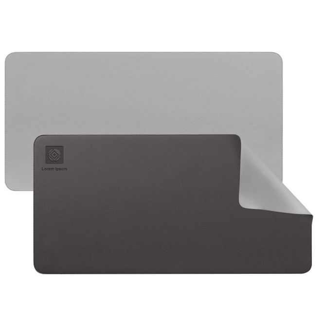 A PU leather desk mat featuring grey and black colours, with a logo in the corner and a smooth finish.
