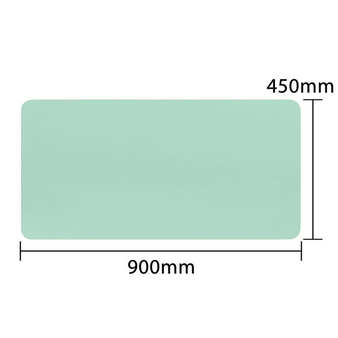 A mint green PU leather desk mat featuring rounded corners, with dimensions of 900mm by 450mm. It has a logo.