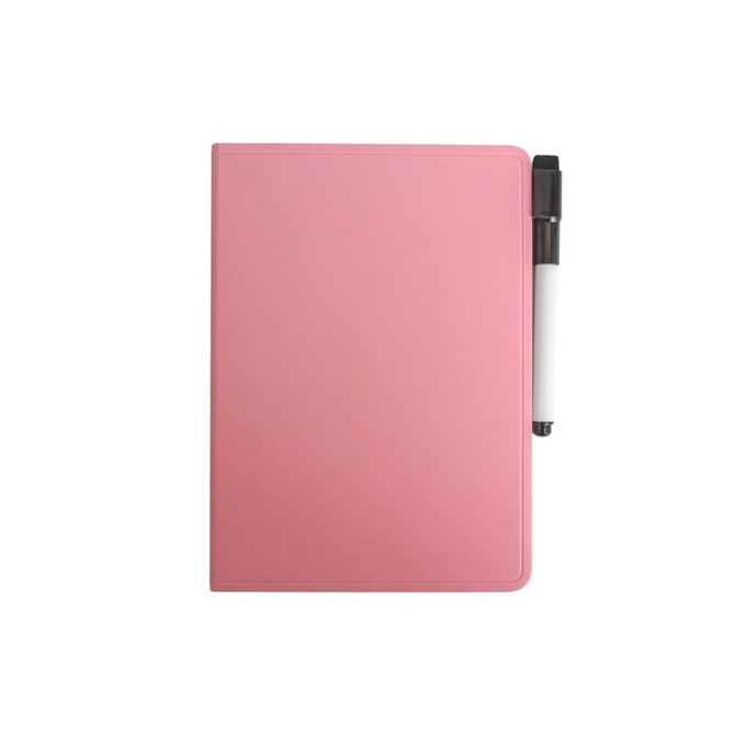 A5 whiteboard notebook in pink with a black and white pen attached to it. Features a smooth, sleek cover design.