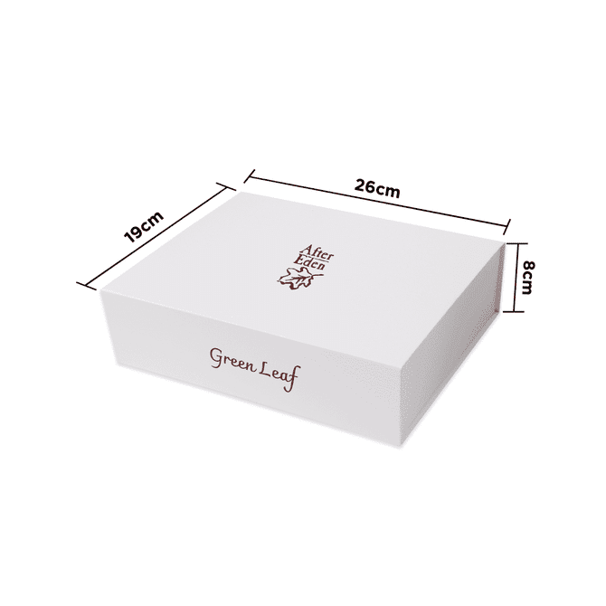 A white rectangular box with dimensions labelled, featuring a logo and text in red.