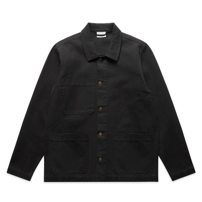 A black Canvas Chore Jacket featuring a button-up front, pockets, and a collar. It has a simple logo on the label.